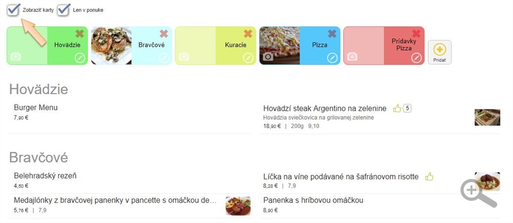 Ponuka - skupiny jedál konkrétne jedlá