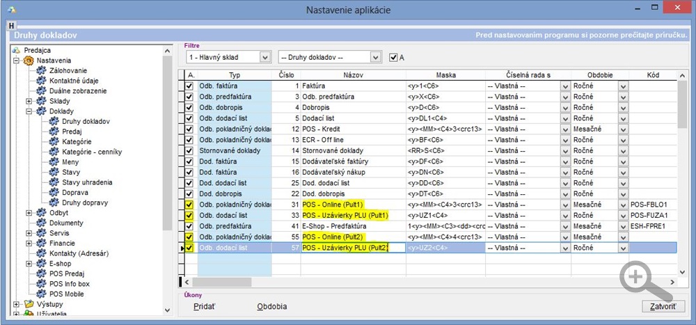Nastavenia druhov dokladov pre On-line predaj.