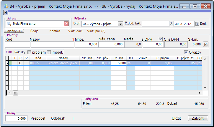 Výroba - príjem receptúry