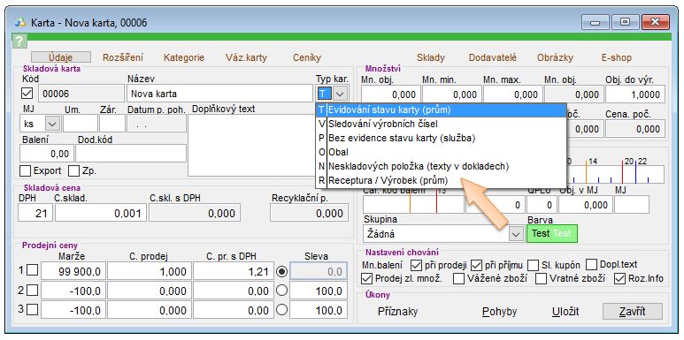Typy skladov&yacute;ch karet v aplikaci iKelp Pokladna
