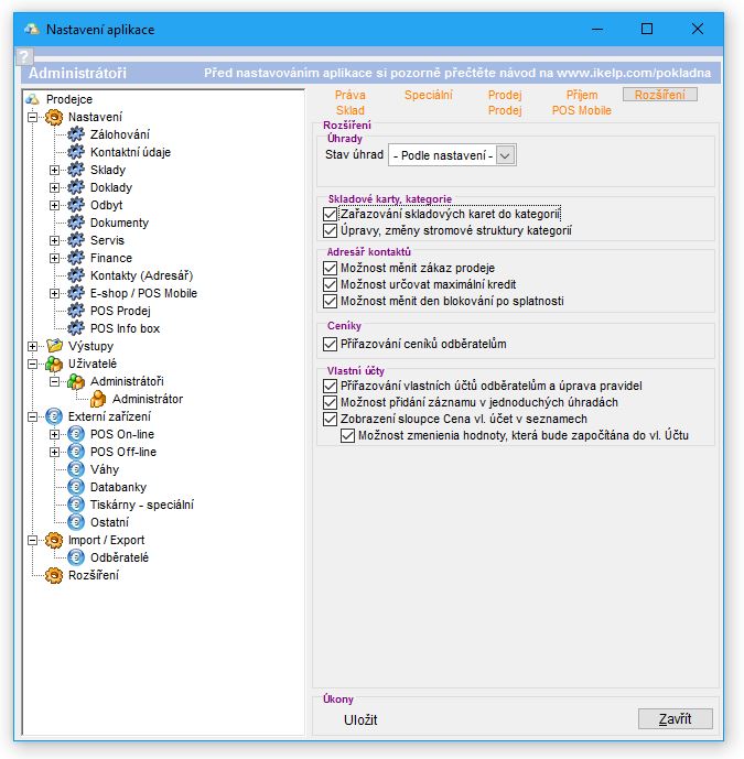 Nastaven&iacute; pr&aacute;v pro Roz&scaron;&iacute;řen&iacute; uživatele / skupiny.