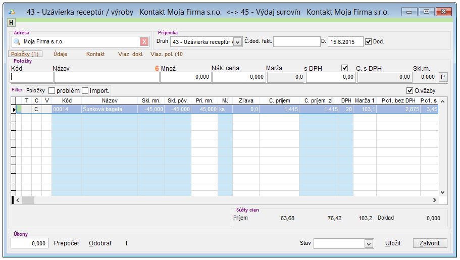 V&yacute;roba - pr&iacute;jem recept&uacute;ry - upraven&aacute; skladov&aacute; cena