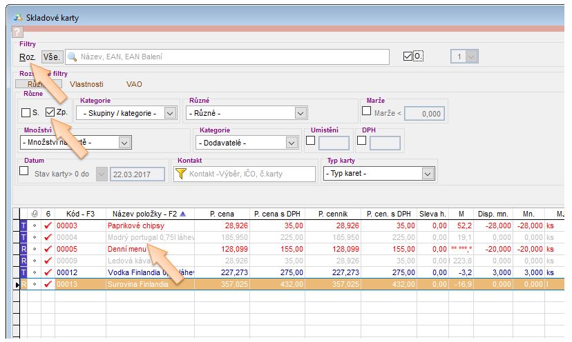 Filtr na skladov&eacute; karty s př&iacute;znakem "Zp"